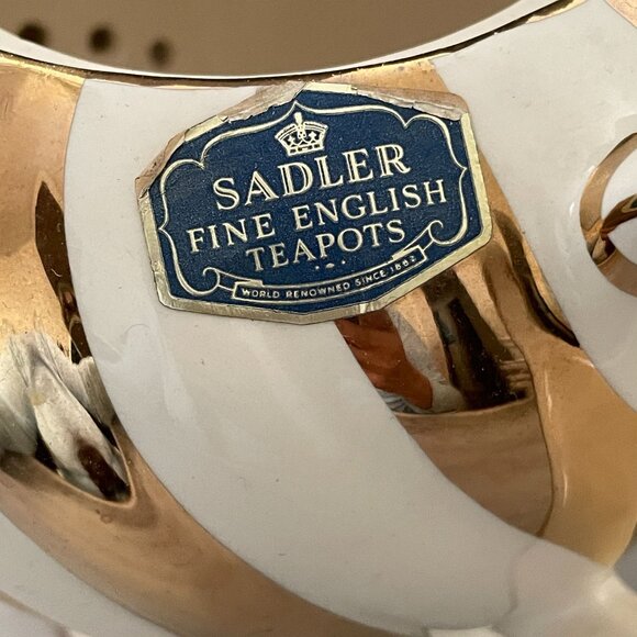 Vintage 30s Sadler Gilt Gold Cream Candy Stripe Swirl Covered Teapot Lid England - Picture 10 of 11